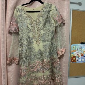 Elegant Embroidered Dress with Pink and Gray Accents